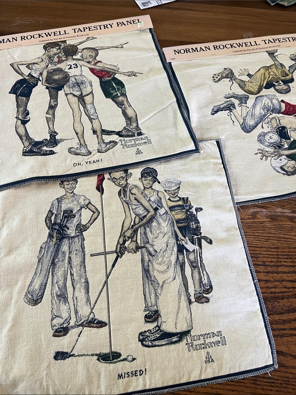Vintage Norman Rockwell cotton sports tapestry set of 3